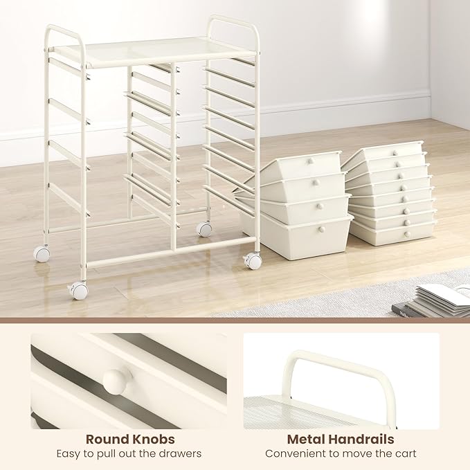 GOFLAME 12-Drawer Rolling Storage Cart, Craft Storage Cart with Removable Drawers & Lockable Wheels, Art Cart Supply Storage Organizer with Metal Frame for Home Office Classroom, White