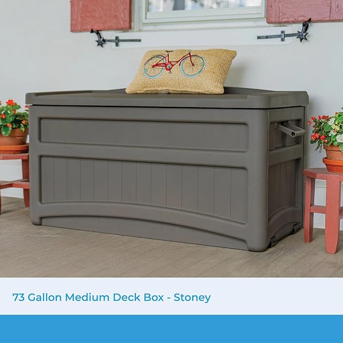 Suncast Outdoor Storage Box - 73 Gallon Stoney Resin Deck Box with Wheels, Handles, and Seat, Heavy-Duty Indoor/Outdoor Storage Bench for Patio Cushions, Shoes, Pool & Garden Gear