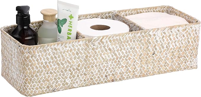 Hipiwe Handwoven Seagrass Storage Basket 3 Sections Toilet Tank Paper Basket Wicker Shelf Basket for Pantry Kitchen Living Room Home Decor, Whitewash