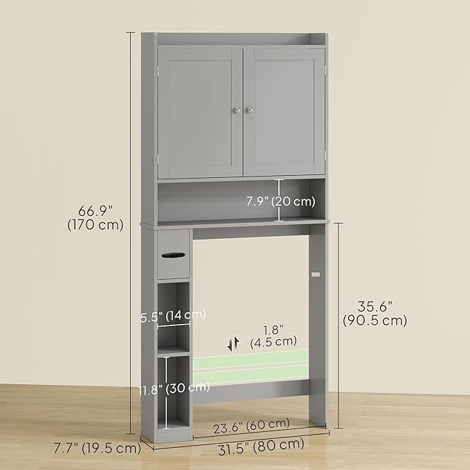 HOMCOM Over the Toilet Storage Cabinet, Modern Above Toilet Bathroom Organizer with 2 Doors, Storage Shelves, Toilet Paper Holder, Freestanding Space Saver for Bathroom, Laundry, Gray