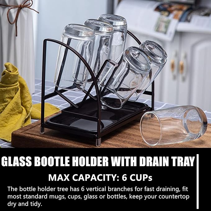RHBLME 2 Packs Glass Drying Rack, Vertical Bottle Drying Rack Glass Bottle Holder with Drain Tray, Silicone Protective Hooks, Carbon Steel Non Slip Cup Mug Organizer for Glass Coffee Mug Countertop