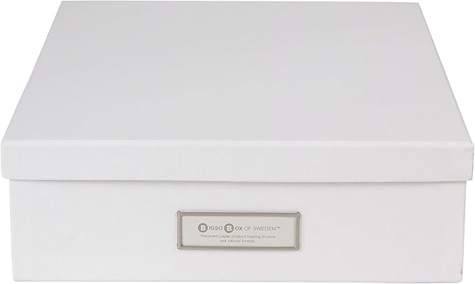 Bigso Oskar Fiberboard Label Frame Document Letter Box - File Organizer Box for Important Paperwork - Durable Document Storage with a Lid & Metal Label Window - 3.3 in x 10.2 in x 13.8 in - White