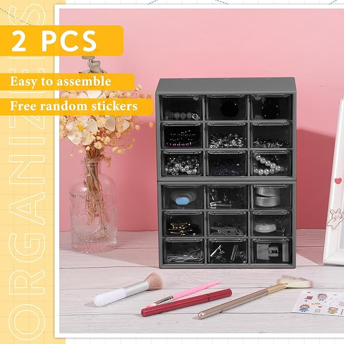 Wenqik 2 Pcs Mini Storage Drawers Teacher Toolbox Organizer with 9 Clear Drawers Small Plastic Desktop Teacher Desk Craft Organizer for Classroom Office 7" x 3. 9" x 4. 7"(Black)