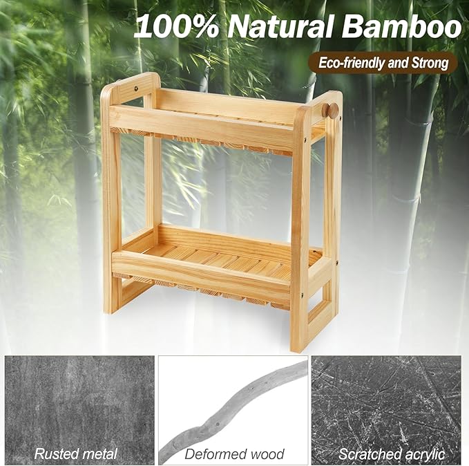 Over-The-Toilet Storage Shelf Organizer, 2-Tier Bamboo Bathroom Countertop Organizer for Towels, Toilet Paper, Plants, Makeup, Small Space Saver Rack for Bathroom, Dresser, Vanity, or Kitchen Use