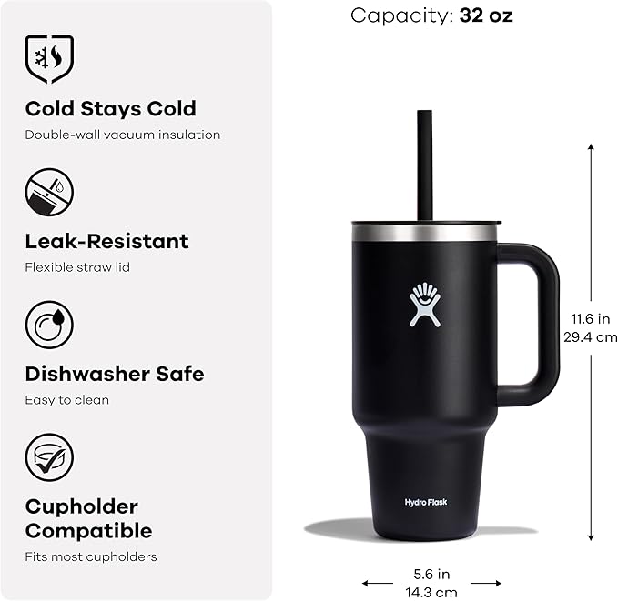 Hydro Flask Travel Tumbler with Handle, Lid and Straw - Insulated Stainless Steel in 32 Oz Surf Blue