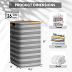 BALEINE Laundry Hamper with Lid, Tall Laundry Baskets with Bamboo Pull Handles, Large Laundry Bin with Internal Support (26 Gal/100L, Grey Pinstripe)