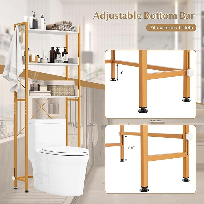 Tangkula Over The Toilet Storage, 3-Tier Toilet Rack Bathroom Space Saver with 4 Hooks & Adjustable Bottom Bar, Freestanding Bathroom Organizer Shelf Over Toilet for Restroom Balcony Laundry (White)