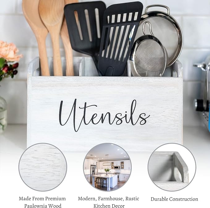 White Kitchen Utensil Holder for Countertop – Large 3-Compartment Wooden Organizer & Caddy with Drain Holes, Farmhouse Utensil Holder for Kitchen Counter, Modern Rustic Storage for Spoons & Spatulas