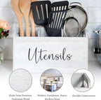 White Kitchen Utensil Holder for Countertop – Large 3-Compartment Wooden Organizer & Caddy with Drain Holes, Farmhouse Utensil Holder for Kitchen Counter, Modern Rustic Storage for Spoons & Spatulas
