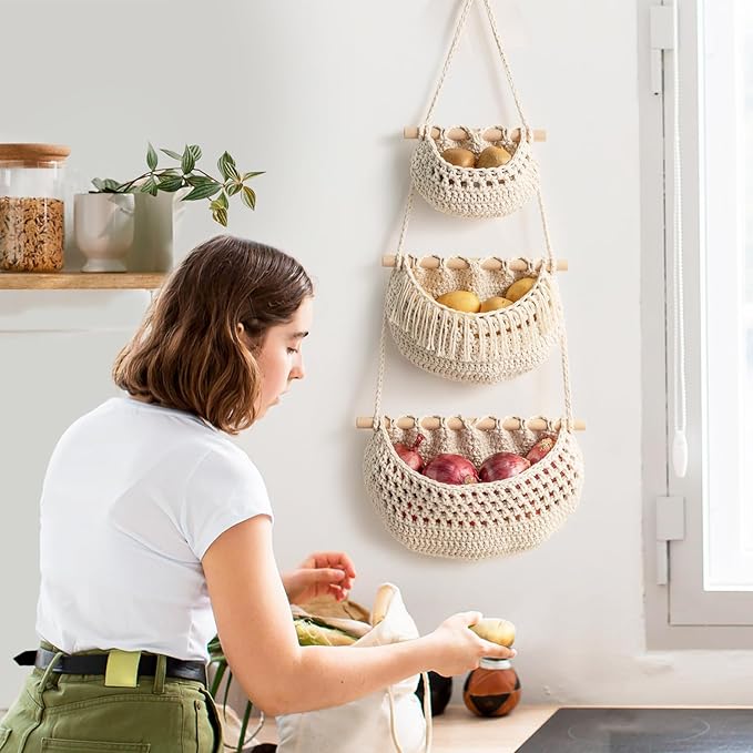 Hanging Fruit Basket,3 Tier Over the Door Organizer, Handmade Woven Cotton Rope Wall Hanging Baskets for Organizing, Boho Wall Basket Decor, Storage Baskets for Kitchen