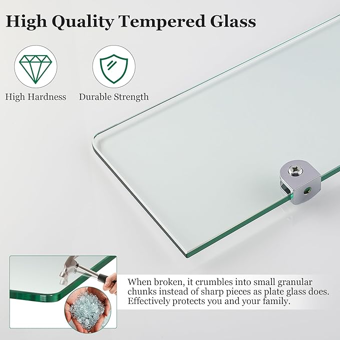 SAYAYO Floating Glass Shelves for Bathroom, 15 x 5 Inch Chrome Tempered Glass Shelf for Wall 1 Pack, Clear