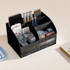 Desk Organizer with 6 Compartments and 2 Drawers, Plastic Makeup Organizer, Pen Holder for Desktop Storage, Desk Organization for School, Home, Office Supplies (Black)