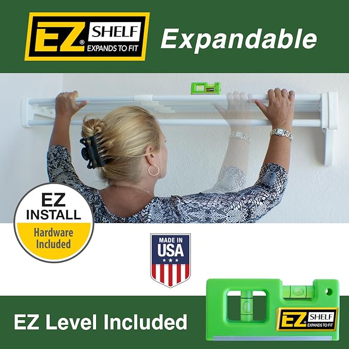 EZ SHELF- Closet Shelf with Hanging Rod, Expands 40.5-73", White, Closet Shelves Hold 200 lbs, Easy Install Closet Organizer to 2 Side Walls, Alternate for Closet Wire Shelving & Laundry Room Shelves