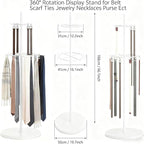 White Belt Display Scarf &Ties Rack Stand, 360° Rotation Floor Mounted Belt Hanger, Metal Men Closet Belt Organizer Holder Jewelry Necklaces Purse Hanger Shelf for Clothing Store Retail & Home
