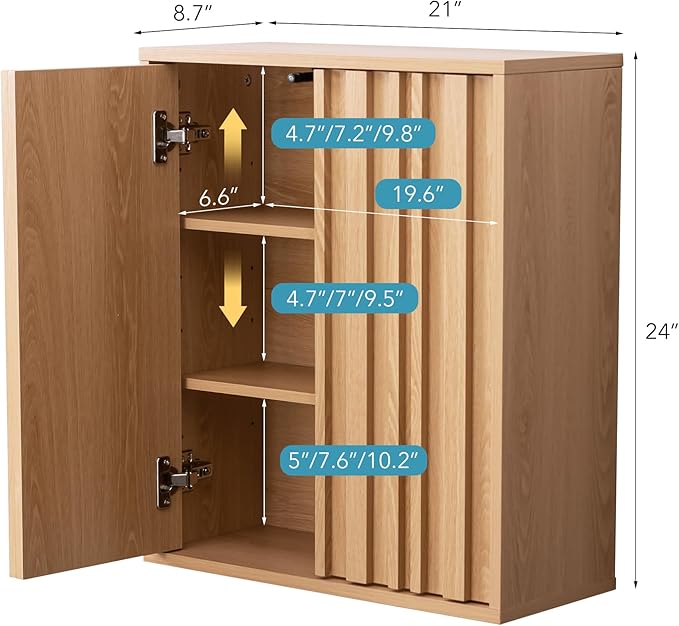 Fluted Bathroom Wall Cabinet Over Toilet, 15mm Thick Moisture-Resistant Wood Hanging Storage with Push-to-Open Doors, Japandi Floating Medicine Cabinet for Half Bath & Kitchen, Natural Oak