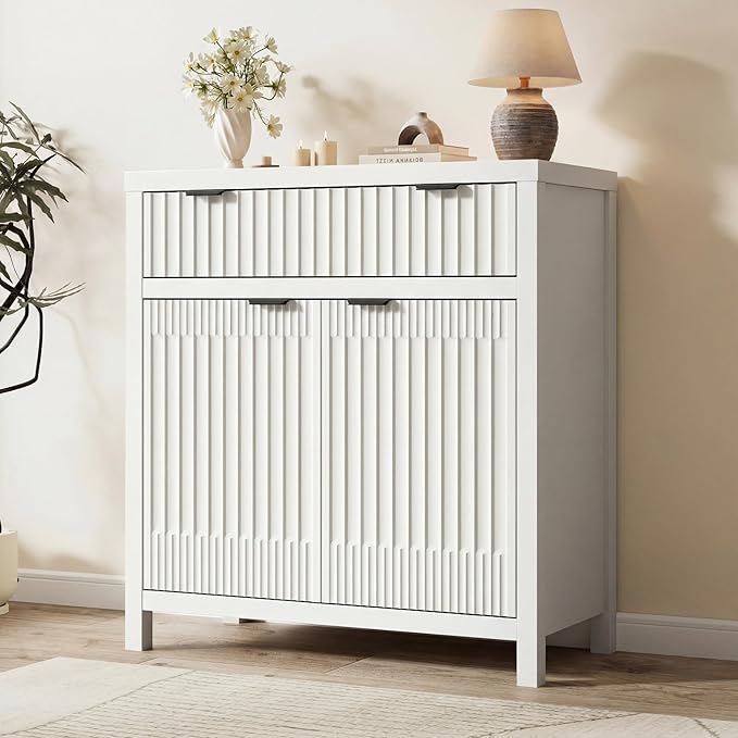 FLOWBACK Buffet Cabinet with Storage,Modern Credenza with Fluted Doors & Shelves Coffee Bar Media Console Accent Cabinets for Living Room, Entryway (White, 2 Door + 1 Drawer(3 Piece))