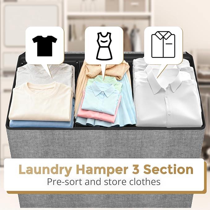 180L Laundry Hamper 3 Section, Large Laundry Hamper with Lid, Dirty Clothes Hampers with Handles, Laundry Basket Organizer for Laundry, Bedroom, Bathroom, Laundry Sorter Baskets, Grey