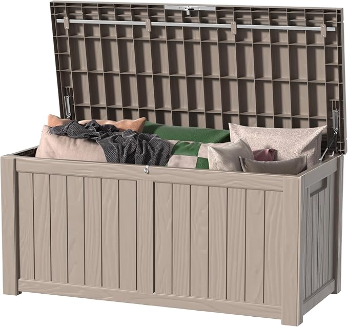 ROJIK 150 Gallon Outdoor Storage Box Waterproof,Weatherproof Deck Boxes Outdoor Lockable,Resin Outside Storage Box for Garden Tools,Cushions,Pool Accessories(Grey,150 Gal)