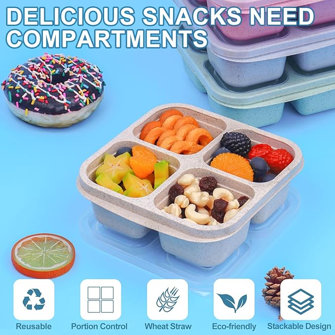 20 Pack Snack Containers, 4 Compartments Reusable Meal Prep Lunch Containers, BPA Free Bento Snack Box, Divided Food Storage Containers for Travel, Picnic, Microwave and Dishwasher Safe