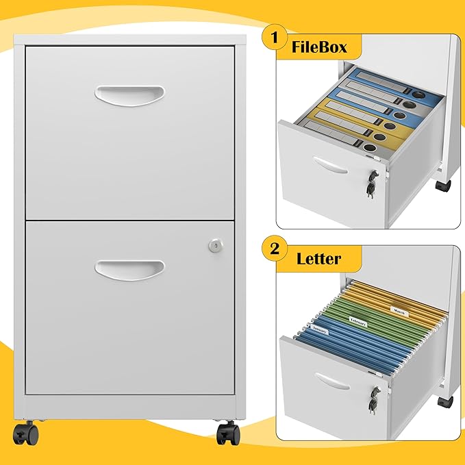 2 Drawer File Cabinet with Lock，White Rolling File Cabinet for Home Office, Metal Small Mobile Filing Cabinets on Wheels for Hanging Letter