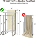 ELYKEN 3 Tier Standing Towel Rack, 40'' Tall Towel Drying Rack Outdoor, Freestanding Floor Towel Rack with Shelf, Pool Towel Blanket Stand, Metal Towel Racks for Bathroom freestanding, Smooth Silver
