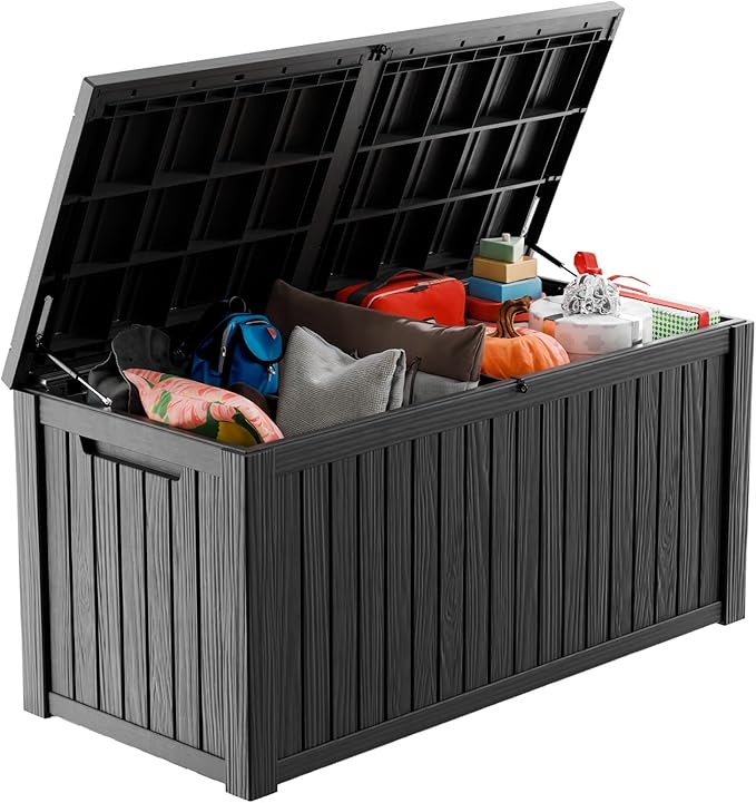 190 Gallon Deck Box Large Outdoor Storage Box Waterproof for Patio Furniture,Outdoor Cushions,Garden Tools and Pool Supplies,Weatherproof(Black,190Gallon)