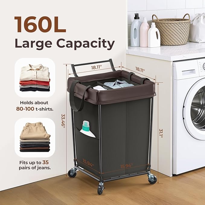 160L Laundry Hamper with Wheels and Handle, 2 Section Large Rolling Laundry Basket Bag with Wheels, Clothes Hamper Cart for Laundry, Bedroom, Bathroom and Dorm