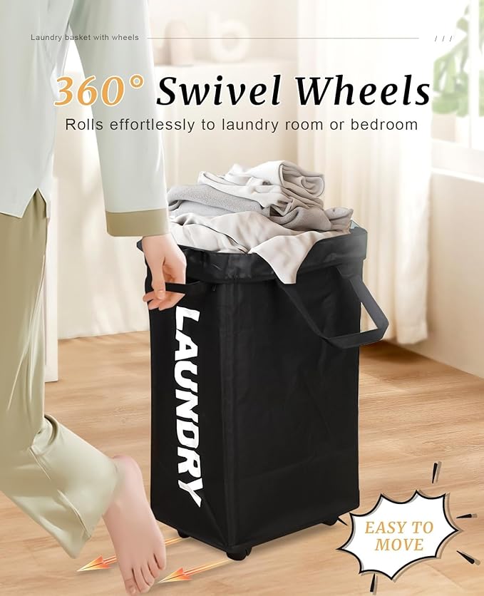 UULANFA Laundry Basket Wheels 75L with Removable Mesh Bag Waterproof Oxford Cloth Suitable for Bedroom Dormitory Clothing Storage Basket (Gray)