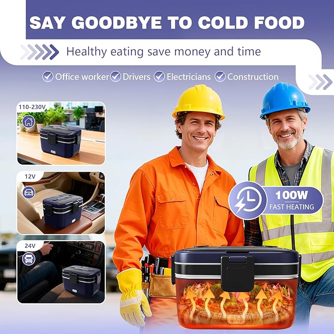 Electric Lunch Box for Adults, 2.8L Double Layer 100W Fast Heated Lunch Box, Heating Food Heater Warmer for Home Office Car Truck Use, Extra Large Lonchera Electrica Portátil 12/24V/110-230V, Blue