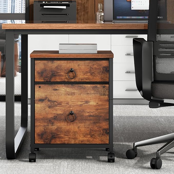 HOOBRO File Cabinet, 2-Drawer Vertical Mobile Office Cabinet, Rolling Printer Stand, for A4/Letter Size Files, Nonwovens Drawer, for Home Office, Rustic Brown BF21WJ01