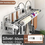 Hanging Wall Mount knife Wall Mount, Kitchen Organizer Storage Shelf for Utensils Spatula Spoon, Space-Saving Knife Rack with Hooks,Wall-Mounted Utensil Holder (Silver, 50CM+Three Poles+8Hooks)