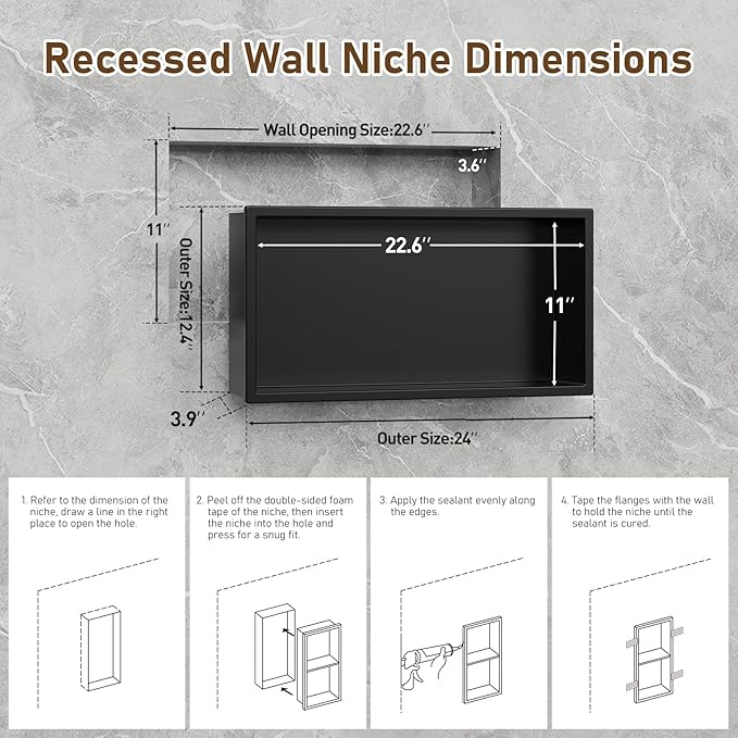 23x11 Inch Recessed Medicine Cabinet, Black Medicine Cabinet No Mirror, 304 Stainless Steel Bathroom Wall Niche Cabinet with Storage for Bathroom, Living Room