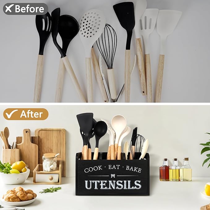 Farmhouse Cooking Utensils Organizer - Kitchen Utensil Holder Black Rustic Solid Wood Countertop Utensil Holder, 3 Compartment Spoon Holder for Kitchen Decor