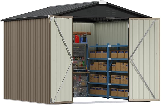Patiowell 8x8 FT Outdoor Storage Shed, Metal Tool Sheds, Brown