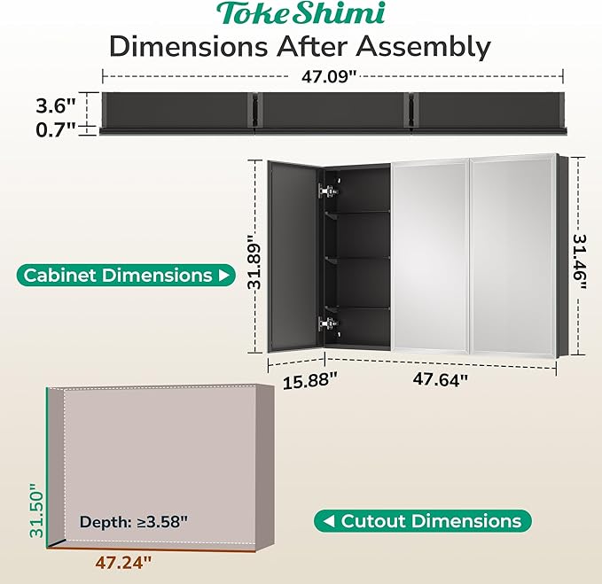 TokeShimi 48 x 32 Medicine Cabinet with Mirror, Assembly Required, Tempered Beveled Mirror, Black Recessed Medicine Cabinet, Stepless Adjustable Shelves, Recessed/Wall Mounted