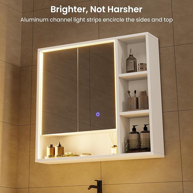 Hasuit Lighted Medicine Cabinet with Mirror and Shelves, Modern Bathroom Medicine Cabinet with Open Storage, Aluminum Channel LED Lights, 31.5'' x 30.7'', White