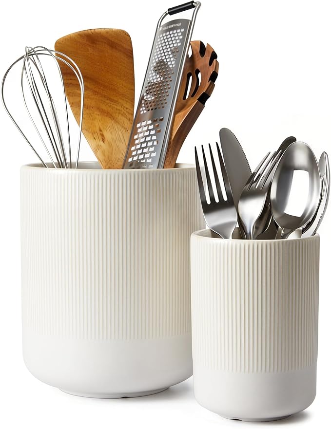 Utensil Holder, 7.3"+5.3" Large Ceramic Kitchen Utensil Holder for Countertop, Cooking Utensil Holder for Kitchen Counter, Kitchen Tool Holder, Modern Farmhouse Decor, Matte White