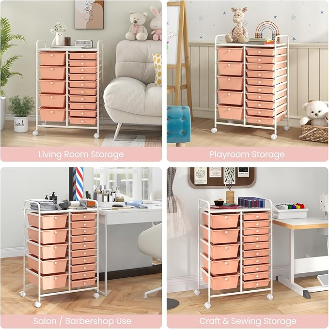 RELAX4LIFE 15-Drawer Storage Drawer Carts - Mobile Rolling Utility Cart w/Wheels, Craft Organizer for Classroom Organization and Storage, School, Office, Home, Storage Organizer Cart (Pink)
