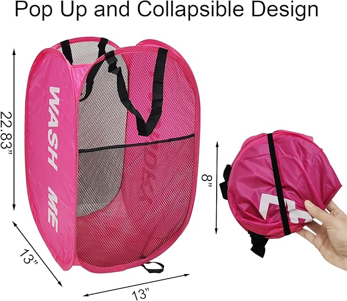 Pack of 2 Mesh Pop Up Hampers Collapsible Laundry Baskets for Dirty Clothes Storage With Side Pocket for Students, College Dorm, Apartment (Grey+Pink)