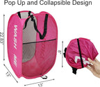 Pop Up Laundry Hamper Collapsible Laundry Basket Mesh Foldable Pink Dirty Clothes Hamper with Handles for Home, Bathroom, Bedroom, Travel, Cruise