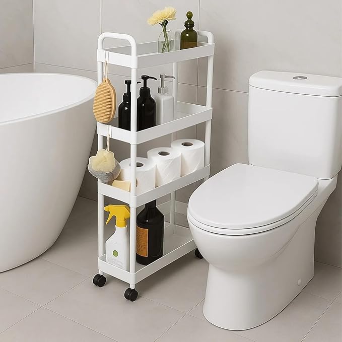 ShellKingdom 4 Tier Bathroom Storage Organizer, Toilet Paper Holder, Slim Rolling Storage Cart for Narrow Space with Handle, Mobile Shelving Unit for Bathroom, Kitchen, Laundry (White)