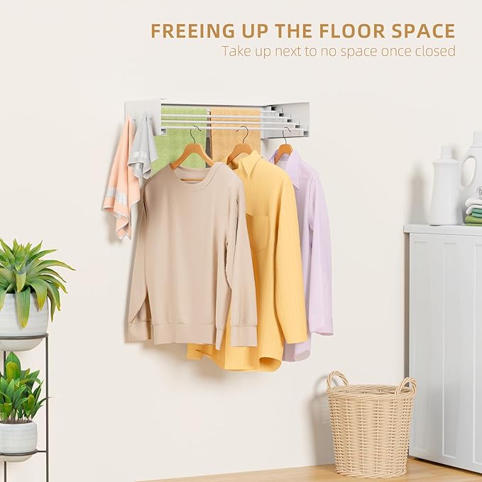 Upgrade Small Wall Mounted Drying Rack with 4 Hooks, 23.6" Compact Foldable Laundry Rack for Apartment, Space Saving Collapsible Design, Includes Template for Small Bathroom & Balcony (White)