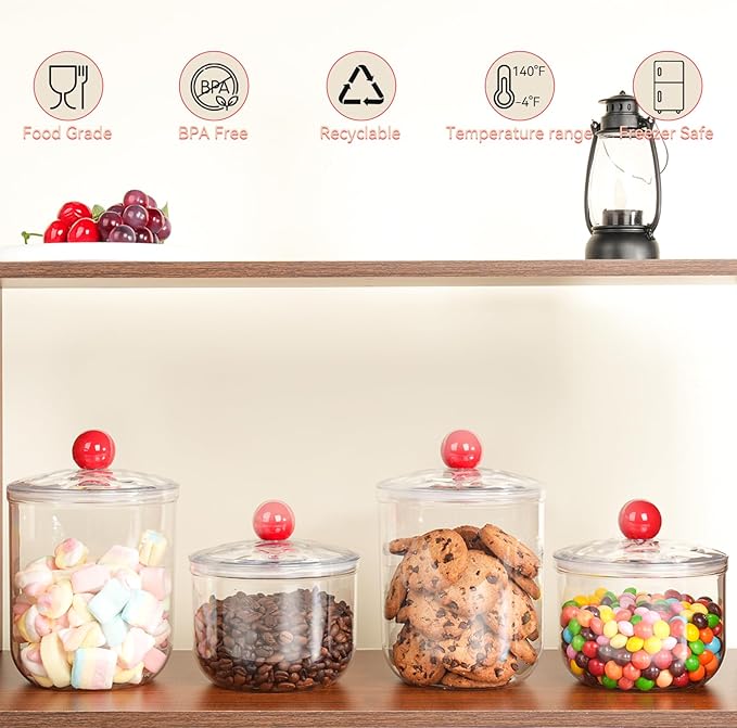 30 Oz Candy Jars with Lids - Clear Plastic Cookie Storage Containers Airtight Apothecary Canisters for Kitchen Home Decorative Pantry Office Party Organize Sugar Tea Coffee Snacks (30 oz)
