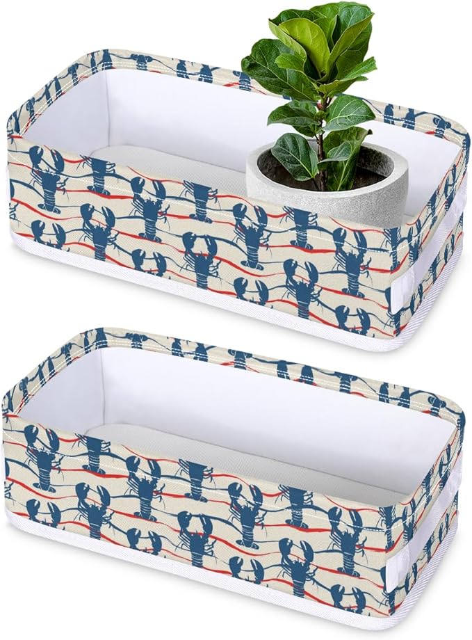 Lobster Pattern Bathroom Basket Foldable Toilet Tank Topper Paper Basket Waterproof Fabric Storage Organizer Bins Decorative Open Storage for Home Closet Containers Cabinet Set of 2