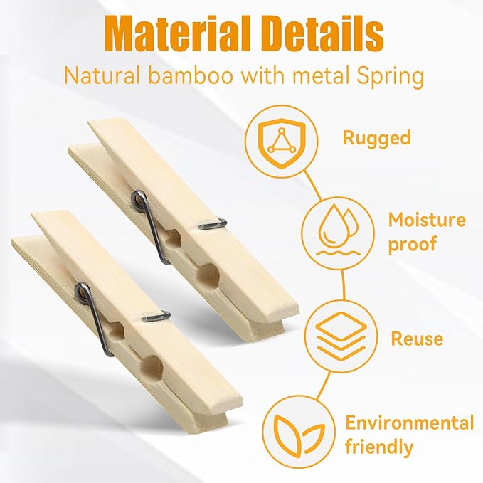 Natural Bamboo Clothespins 80-Pack Wooden Clothes Pins with Spring, 2.4 Inch Heavy Duty Rust Resistant Clips for Laundry, Crafts, Kitchen & Home Organization