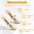 Natural Bamboo Clothespins 20-Pack Wooden Clothes Pins with Spring, 2.4 Inch Heavy Duty Rust Resistant Clips for Laundry, Crafts, Kitchen & Home Organization