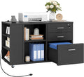 DWVO File Cabinet with Charging Station, 3 Drawer Mobile Filing Cabinet with Lock, Printer Stand with Open Storage Shelf for Home Office, Black