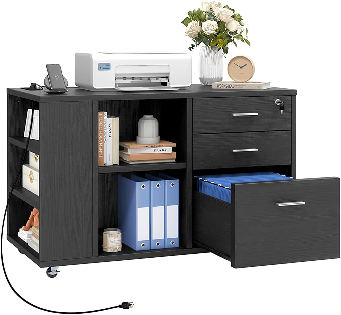 DWVO File Cabinet with Charging Station, 3 Drawer Mobile Filing Cabinet with Lock, Printer Stand with Open Storage Shelf for Home Office, Black