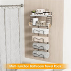 Towel Racks for Bathroom,Towel Rack Wall Mounted, 6 Tier Rolled Or Folded Towel Holder with Floating Shelves, Bathroom Towel Holder for Bath, Hand Towels,Metal,White Wood Panel