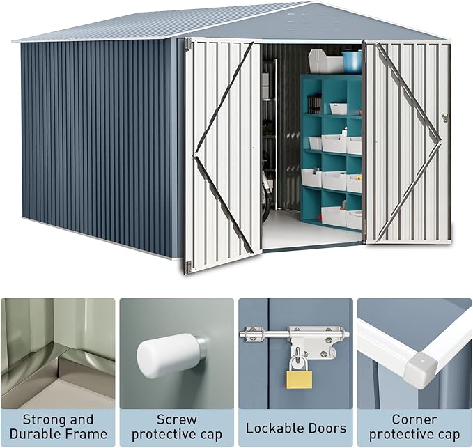 GarveeLife 10x12ft Outdoor Storage Shed, Large Metal Storage Sheds with Sturdy Frame Structure, Metal Garden Tool Shed with Lockable Door for Garden, Lawn, Backyard, Gray